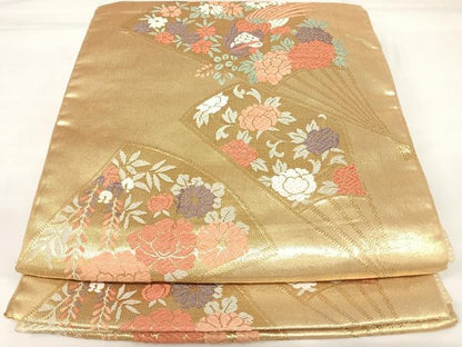 平和屋着物◎佐賀錦　六通柄袋帯　唐織　扇面花鳥文　金糸　正絹　逸品　AABK0930yx