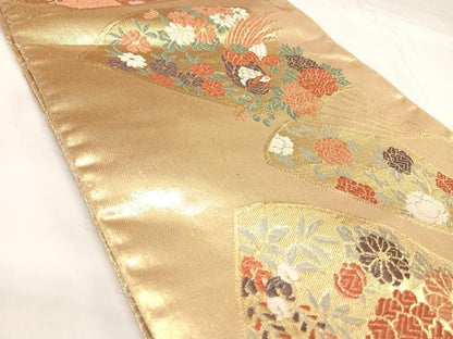 平和屋着物◎佐賀錦　六通柄袋帯　唐織　扇面花鳥文　金糸　正絹　逸品　AABK0930yx