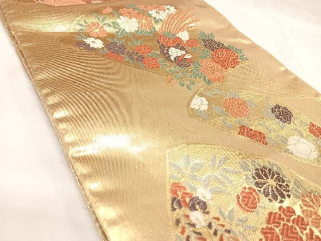 平和屋着物◎佐賀錦　六通柄袋帯　唐織　扇面花鳥文　金糸　正絹　逸品　AABK0930yx
