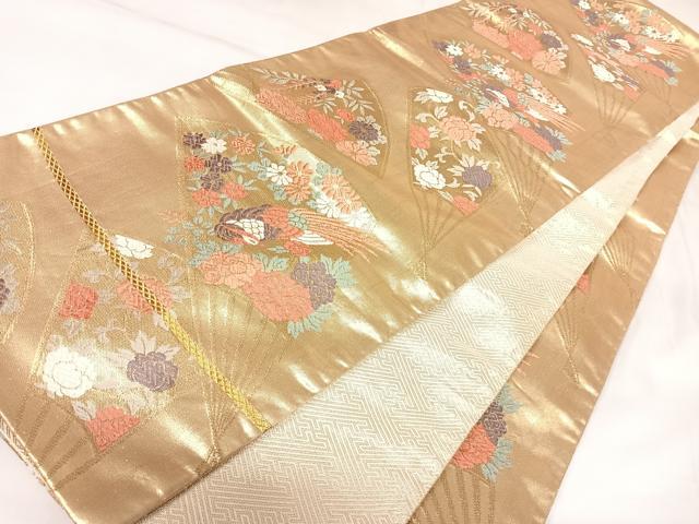 平和屋着物◎佐賀錦　六通柄袋帯　唐織　扇面花鳥文　金糸　正絹　逸品　AABK0930yx