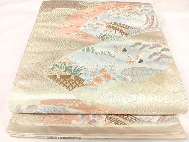 平和屋着物◎六通柄袋帯　唐織　地紙飛鶴花文　金糸　正絹　逸品　AABK0932yx