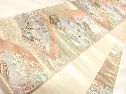 平和屋着物◎六通柄袋帯　唐織　地紙飛鶴花文　金糸　正絹　逸品　AABK0932yx