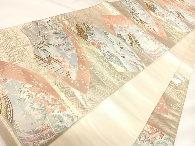 平和屋着物◎六通柄袋帯　唐織　地紙飛鶴花文　金糸　正絹　逸品　AABK0932yx