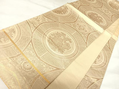 平和屋着物◎六通柄袋帯　花絵皿文　金糸　正絹　逸品　AABK0933yx
