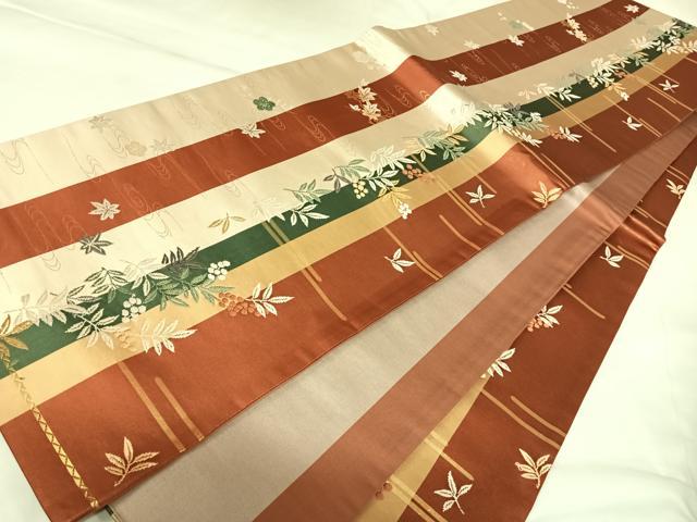平和屋着物◎全通柄袋帯　唐織　南天枝葉文　金糸　正絹　逸品　AABK0940yx