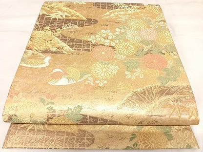 平和屋着物◎六通柄袋帯　唐織　鴛鴦花文　金糸　正絹　逸品　AABK0944yx