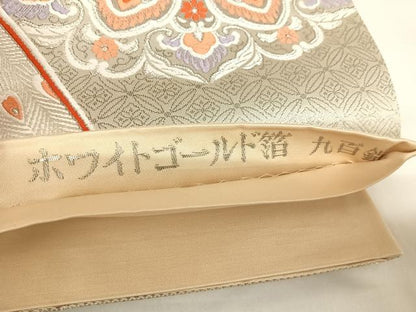 平和屋着物◎六通柄袋帯　唐織　正倉院花文　ホワイトゴールド箔　九百錦　正絹　逸品　AABK0955yx
