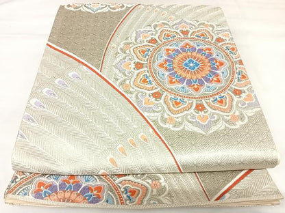 平和屋着物◎六通柄袋帯　唐織　正倉院花文　ホワイトゴールド箔　九百錦　正絹　逸品　AABK0955yx