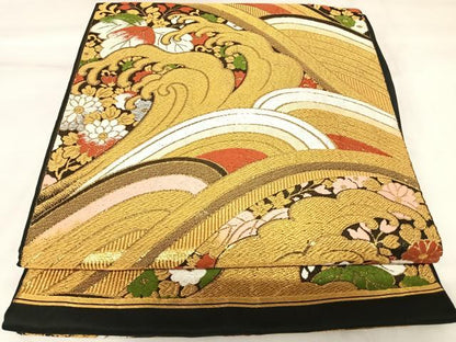 平和屋着物◎六通柄袋帯　唐織　立波花文　金銀糸　正絹　逸品　AABK0962yx