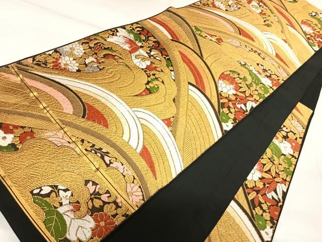 平和屋着物◎六通柄袋帯　唐織　立波花文　金銀糸　正絹　逸品　AABK0962yx