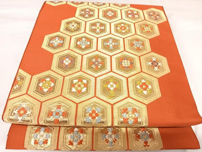 平和屋着物◎六通柄袋帯　唐織　亀甲花文　金糸　正絹　逸品　AABK0964yx