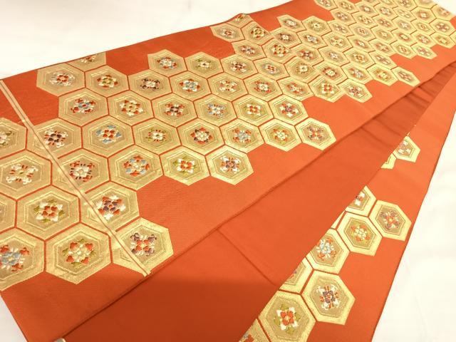 平和屋着物◎六通柄袋帯　唐織　亀甲花文　金糸　正絹　逸品　AABK0964yx