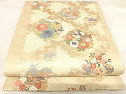 平和屋着物◎六通柄袋帯　唐織　飛鶴花丸文　金銀糸　正絹　逸品　AABK0968yx
