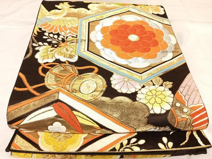 平和屋着物◎六通柄袋帯　唐織　亀甲花文　金銀糸　正絹　逸品　AABK0970yx