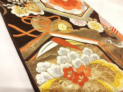 平和屋着物◎六通柄袋帯　唐織　亀甲花文　金銀糸　正絹　逸品　AABK0970yx