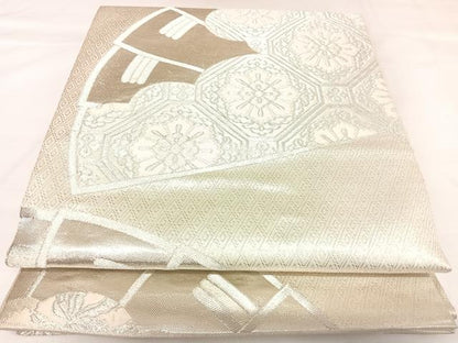 平和屋着物◎六通柄袋帯　檜扇花唐草文　銀糸　正絹　逸品　AABK0972yx