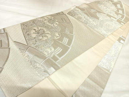 平和屋着物◎六通柄袋帯　檜扇花唐草文　銀糸　正絹　逸品　AABK0972yx