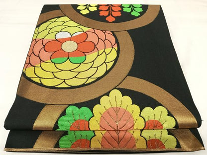 平和屋着物◎全通柄本袋帯　唐織　花丸文　黒地　金糸　正絹　逸品　AABK0974yx