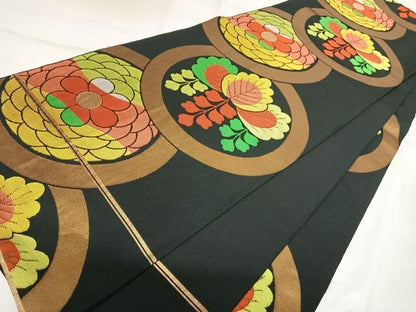 平和屋着物◎全通柄本袋帯　唐織　花丸文　黒地　金糸　正絹　逸品　AABK0974yx