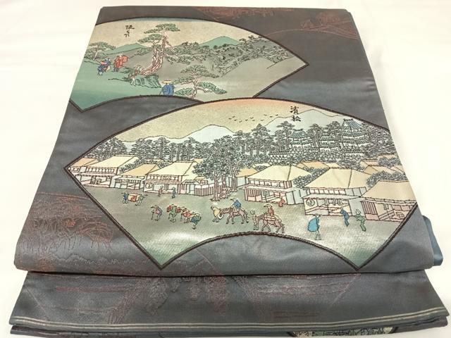 平和屋着物◎太鼓柄袋帯　地紙東海道五十三次　金銀糸　正絹　逸品　AABK0977yx
