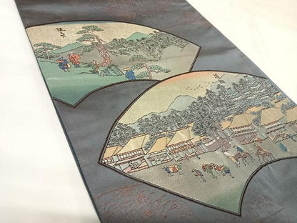 平和屋着物◎太鼓柄袋帯　地紙東海道五十三次　金銀糸　正絹　逸品　AABK0977yx