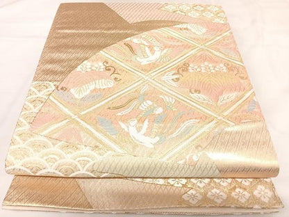 平和屋着物◎六通柄袋帯　唐織　扇面桐竹鳳凰文　さがび錦　正絹　逸品　AABK0981yx