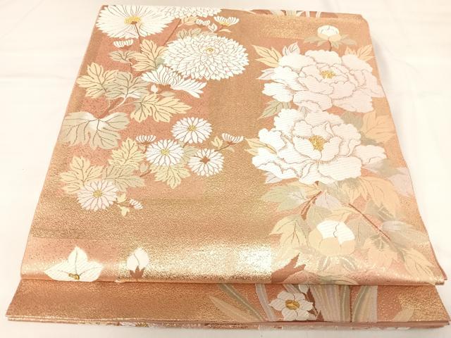 平和屋着物◎太鼓柄袋帯　唐織　草花文　金糸　正絹　逸品　AABK0986yx