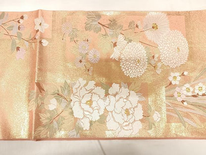 平和屋着物◎太鼓柄袋帯　唐織　草花文　金糸　正絹　逸品　AABK0986yx