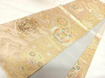 平和屋着物◎六通柄袋帯　唐織　向かい鳥花文　金糸　正絹　逸品　AABK0989yx