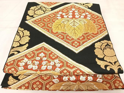 平和屋着物◎六通柄　本袋帯　唐織　吉祥桐文　都錦　黒地　金銀糸　正絹　逸品　AABK0992yx