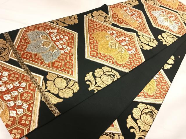 平和屋着物◎六通柄　本袋帯　唐織　吉祥桐文　都錦　黒地　金銀糸　正絹　逸品　AABK0992yx