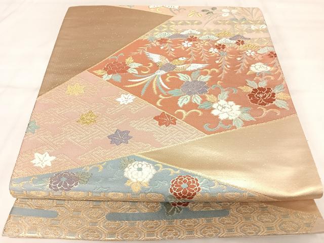 平和屋着物◎六通柄袋帯　唐織　彩花裂取り文　金綾錦　正絹　逸品　AABK0993yx