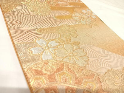 平和屋着物◎西陣　六通柄袋帯　片輪車花文　金銀糸　正絹　逸品　AABK0996yx