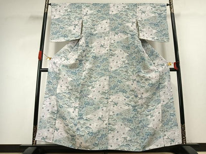 平和屋着物●上質な小紋　型染め　風景花鳥文　正絹　逸品　AABK1006fy
