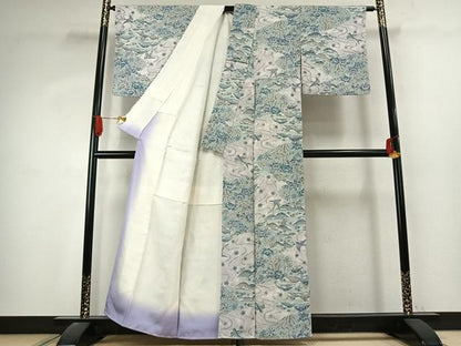 平和屋着物●上質な小紋　型染め　風景花鳥文　正絹　逸品　AABK1006fy