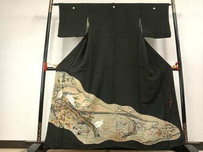 平和屋着物●等楊雪舟　黒留袖　花鳥図　暈し染め　正絹　逸品　AABK1007fy