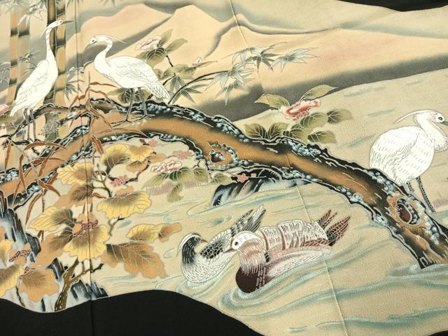 平和屋着物●等楊雪舟　黒留袖　花鳥図　暈し染め　正絹　逸品　AABK1007fy