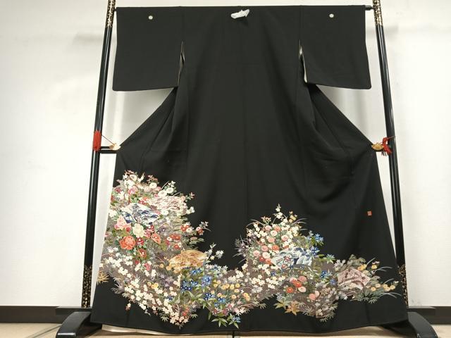 平和屋着物●本加賀友禅作家　土田双園　黒留袖　地紙花文　正絹　逸品　AABK1009fy