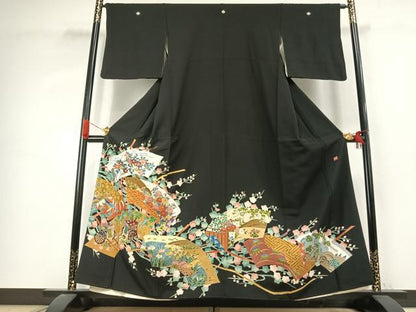 平和屋着物●本加賀友禅作家　中正勲　黒留袖　地紙御所車花鳥文　正絹　逸品　AABK1010fy