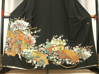 平和屋着物●本加賀友禅作家　中正勲　黒留袖　地紙御所車花鳥文　正絹　逸品　AABK1010fy