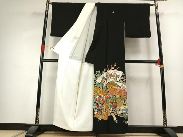平和屋着物●本加賀友禅作家　中正勲　黒留袖　地紙御所車花鳥文　正絹　逸品　AABK1010fy