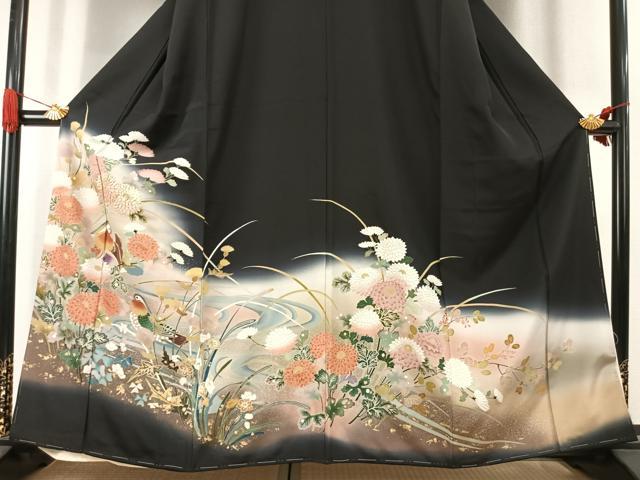 平和屋着物●豪華黒留袖　駒刺繍　花鳥文　暈し染め　金彩　正絹　逸品　未使用　AABK1019fy