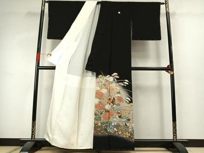 平和屋着物●豪華黒留袖　駒刺繍　花鳥文　暈し染め　金彩　正絹　逸品　未使用　AABK1019fy