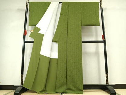 平和屋着物●上質な色無地　立涌花地紋　草色　正絹　逸品　AABK1023fy