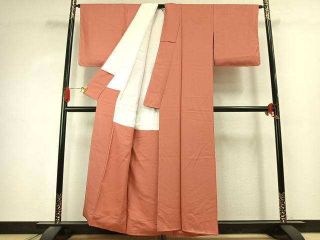 平和屋着物●上質な色無地　紋意匠　珊瑚朱色　正絹　逸品　未使用　AABK1037fy