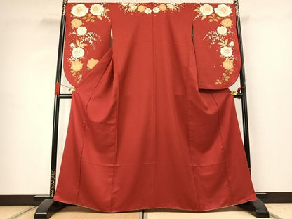 平和屋着物●小振袖　二尺袖　草花文　金彩　洗える着物　AABK1047fy