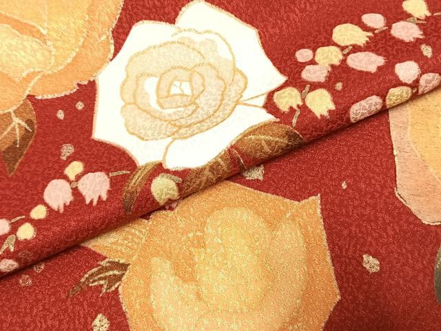 平和屋着物●小振袖　二尺袖　草花文　金彩　洗える着物　AABK1047fy