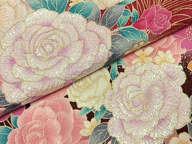 平和屋着物●小振袖　二尺袖　刺繍　草花文　金彩　洗える着物　AABK1052fy