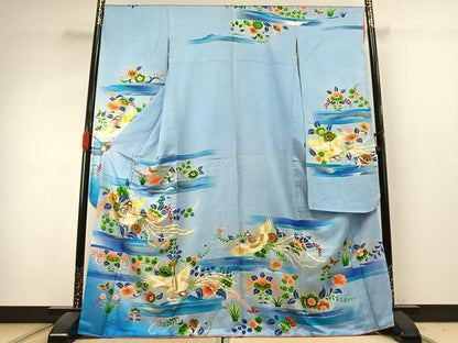 平和屋着物●本手描友禅作家　秋山章　振袖　舞蝶花鳥文　暈し染め　金彩　正絹　逸品　AABK1061fy