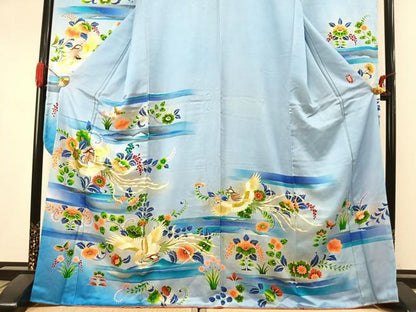 平和屋着物●本手描友禅作家　秋山章　振袖　舞蝶花鳥文　暈し染め　金彩　正絹　逸品　AABK1061fy